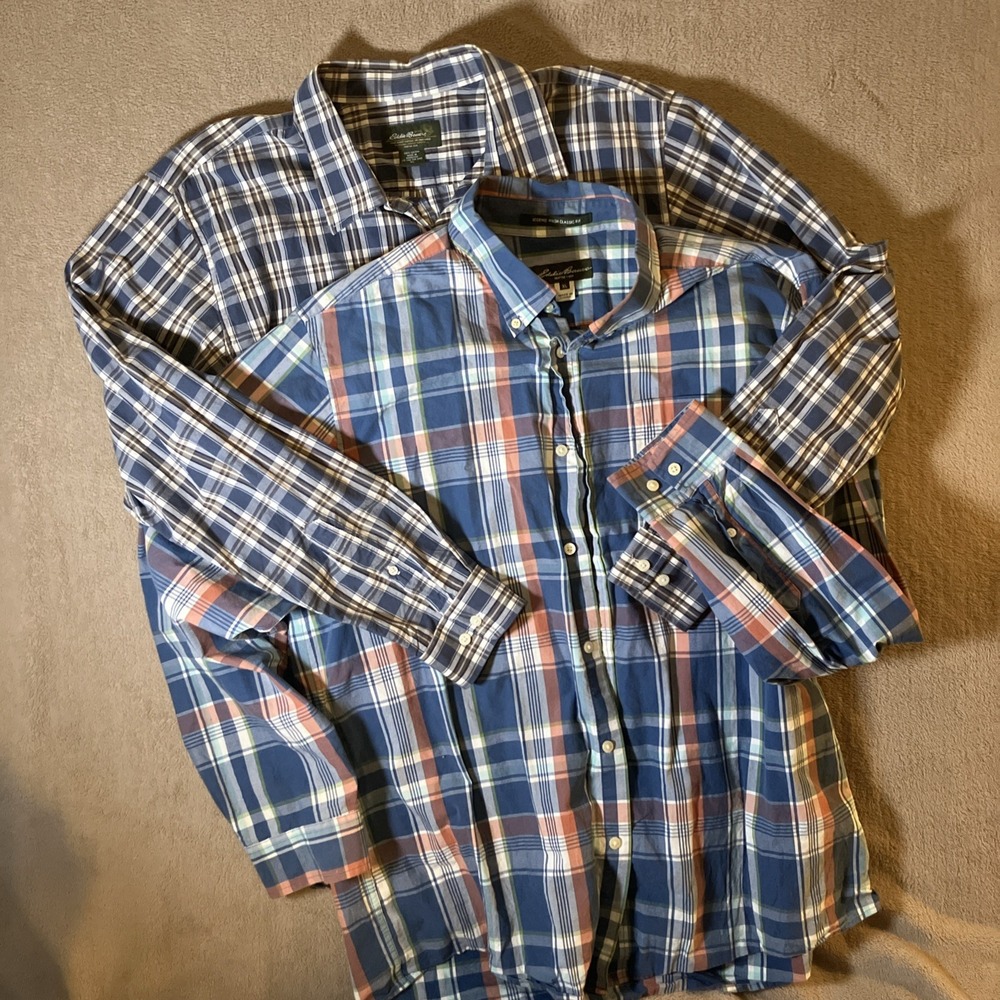 VTG Men Long Sleeve Button Collard Shirt Sz XL Blue Plaid 2 Pc. Bundle Eddie‎ B